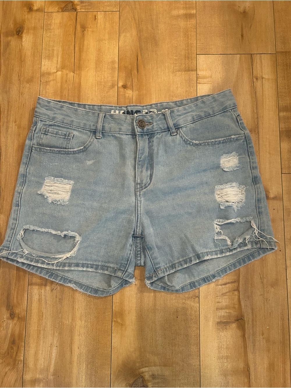 Women's Light Blue Distressed Denim Shorts - Casual Mid-Rise